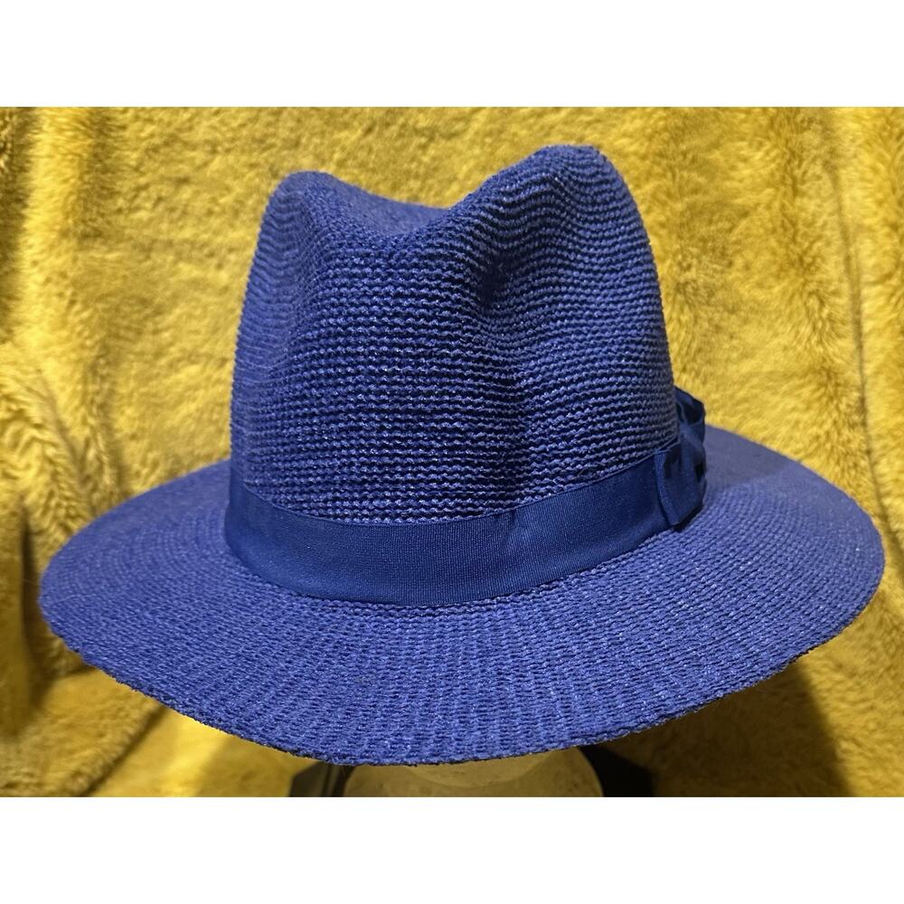 Collection Eighteen Women's Blue w/Band & Bow Woven Cotton Blend Fedora OS Derby
